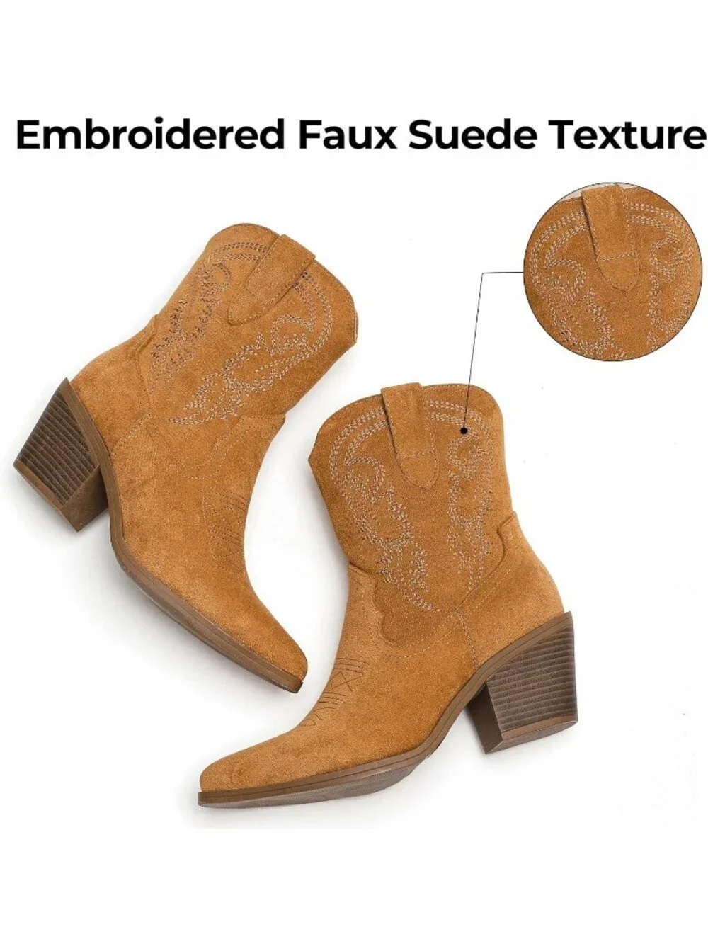 Women's Brown Cowboy Ankle Boots Western Booties Pointed Toe Embroidery Shoes